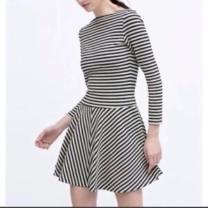 Zara Woman Black White Striped Skater Dress XS Long Sleeve Fit Flare Mini
